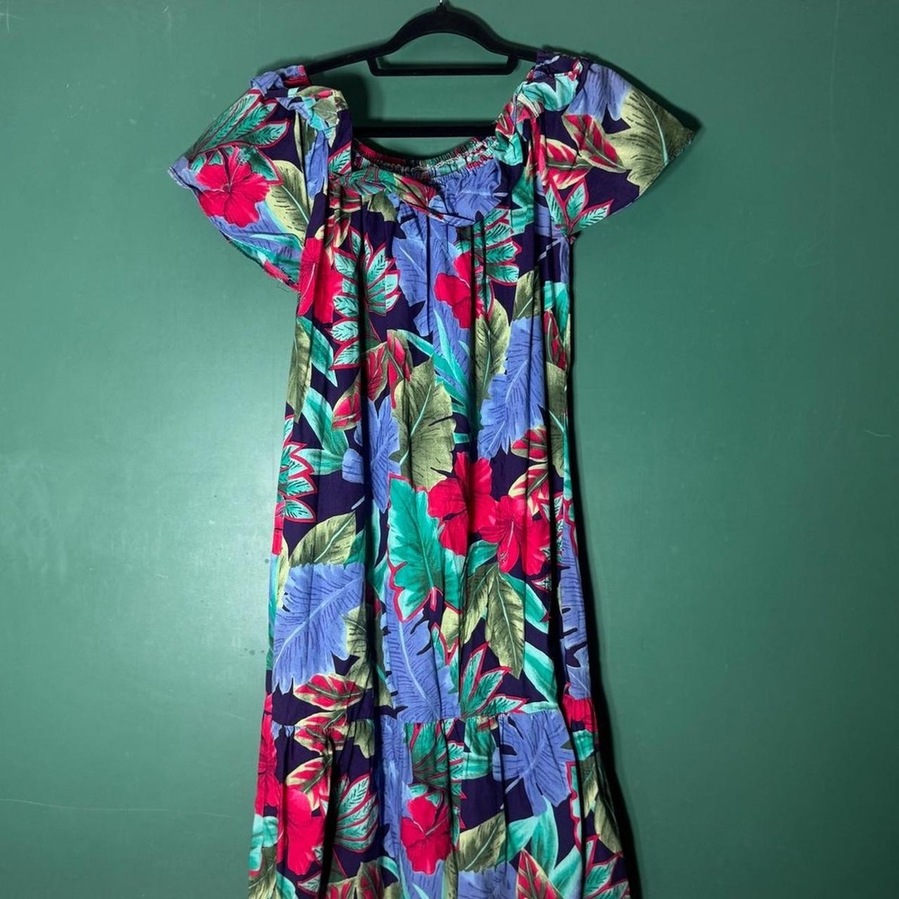 Vintage 90s Hilo Hottie Hawaiian Cotton Floral Hibiscus Dress Large Multi